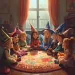 Dzieci siedzą na dywanie w przebraniach