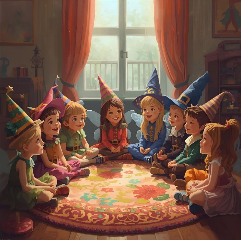 Dzieci siedzą na dywanie w przebraniach