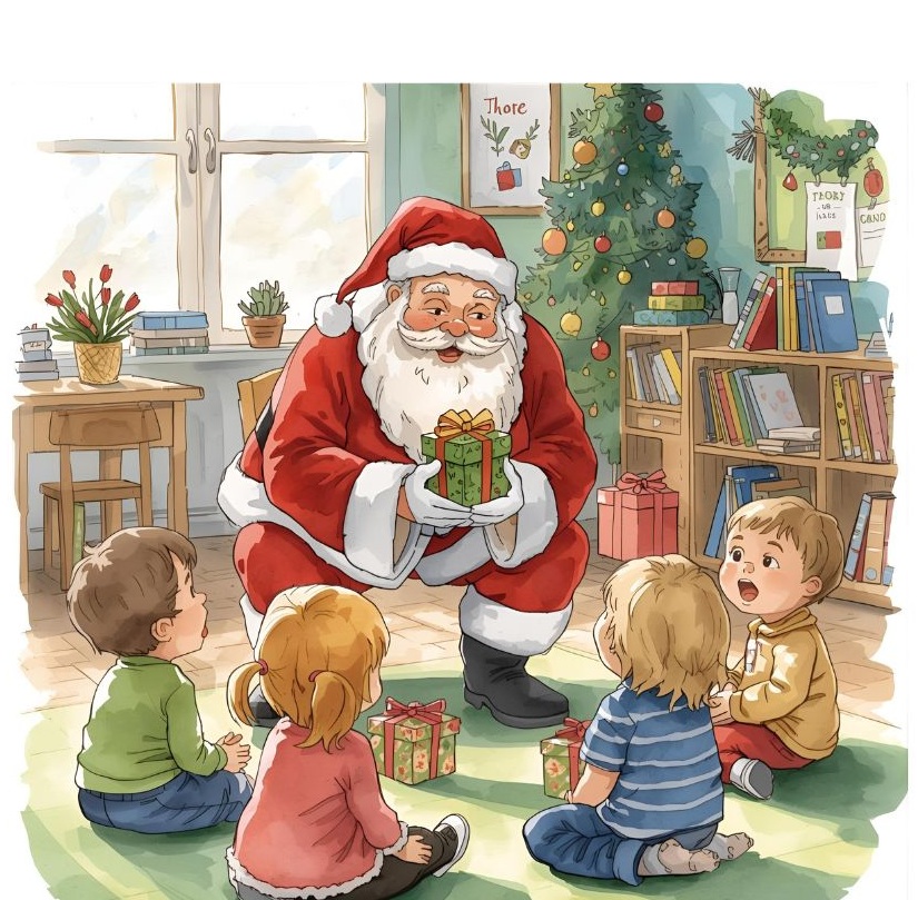 Mikołaj w przedszkolu rozdaje prezenty dzieciom